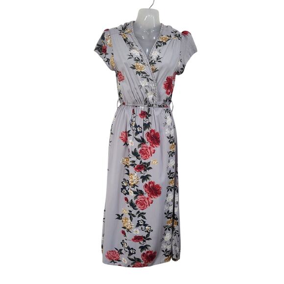 Angie Dresses & Skirts - Angie Floral Crochet Trim Midi Faux Wrap Dress Cap Sleeve Multicolor Size Small
